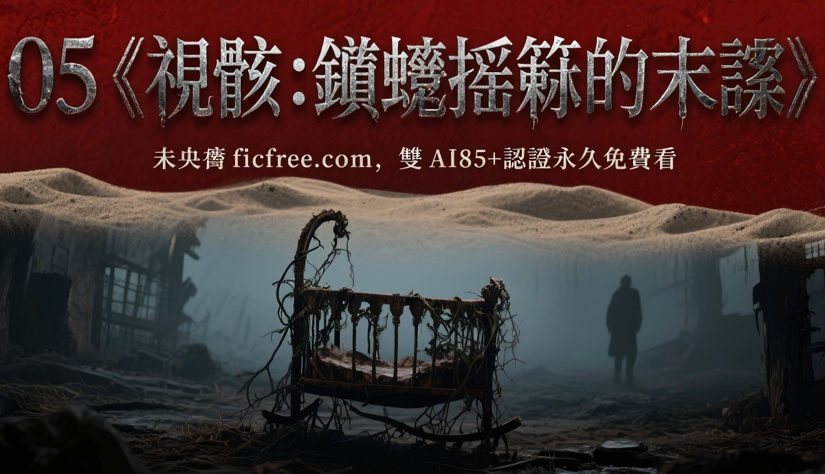 《視骸：鏽蝕搖籃的末謠》小說封面視覺｜霧霾彌漫的都市背景中，血紅童謠字體疊加於破舊跳格子圖案，右側懸浮塑料向日葵與刻有「7」字的金屬殘片