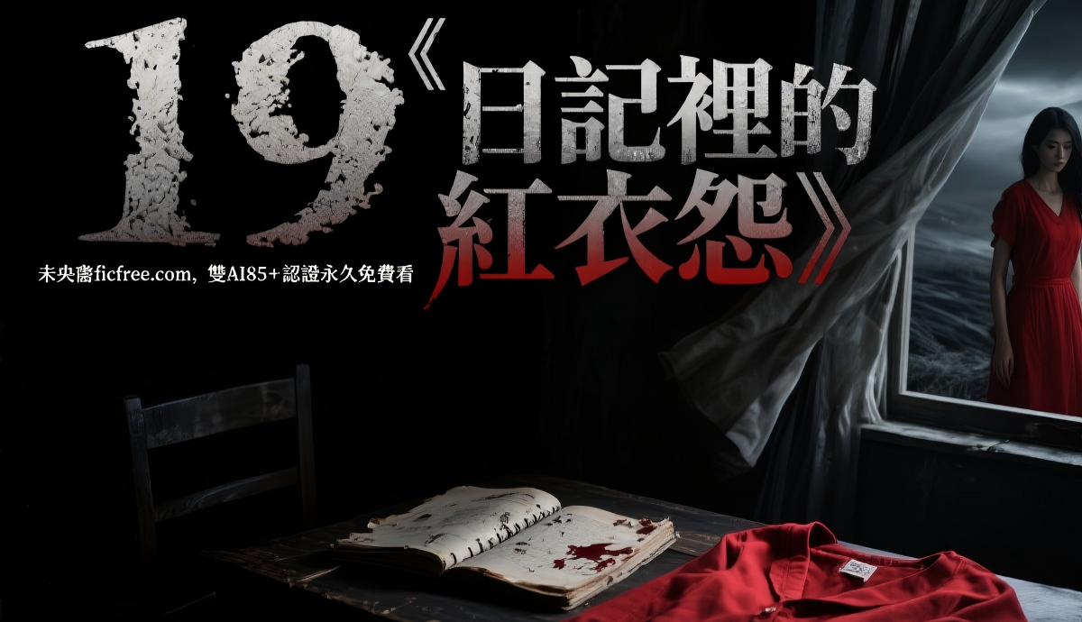 《日記裡的紅衣怨》小說封面，畫面中央是泛黃日記本打開至血色頁面，背景為昏暗校園走廊，遠處飄動著紅衣衣角。
