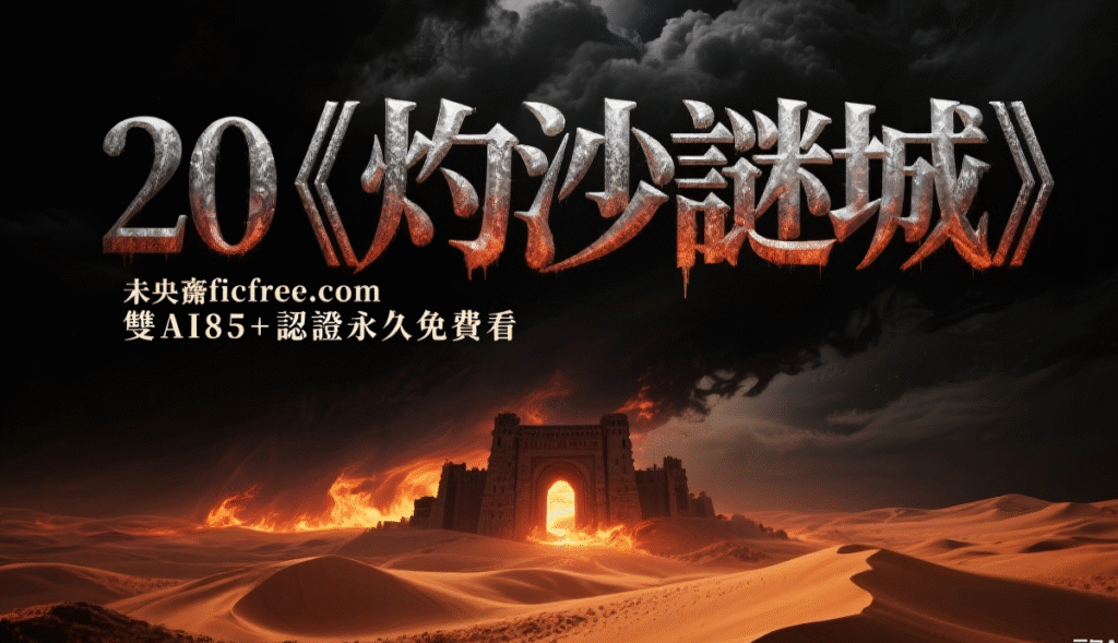 《灼沙謎城》小說封面視覺|黃沙滾滾中古城遺跡顯現,血紅菱形符號與考古筆記本並置,標註「Deepseek 95 分經典級」