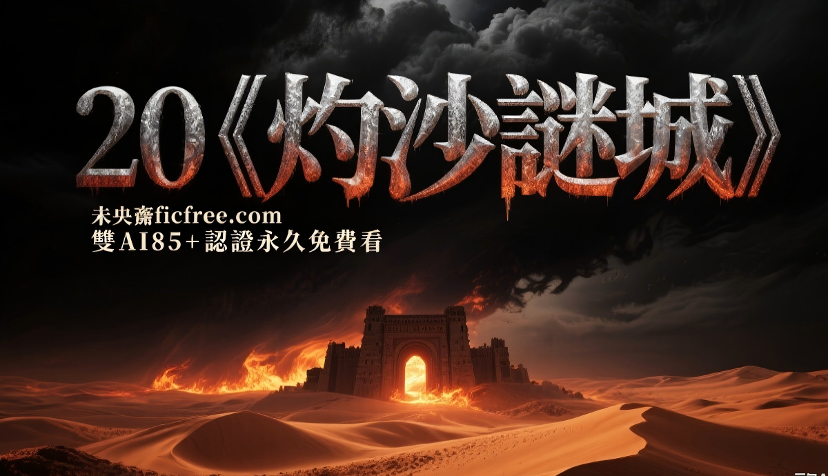 《灼沙謎城》小說封面視覺｜黃沙滾滾中古城遺跡顯現，血紅菱形符號與考古筆記本並置，標註「Deepseek 95 分經典級」