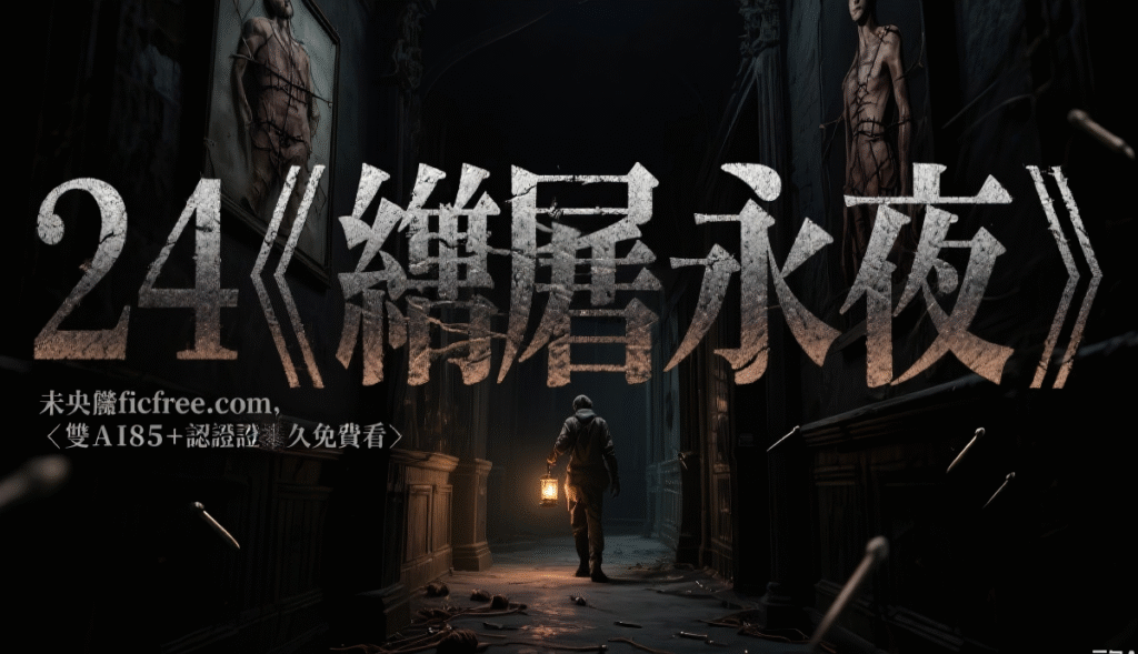 《縫屍永夜》小說視覺圖|暗調圖書館中,機械書架環繞著飄動的發光文字,主角背對讀者手持修復工具,遠處閃現 AI 核心的紅光