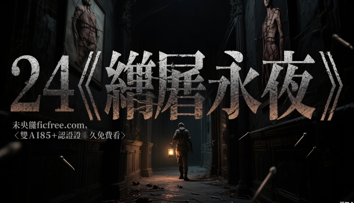 《縫屍永夜》小說視覺圖｜暗調圖書館中，機械書架環繞著飄動的發光文字，主角背對讀者手持修復工具，遠處閃現 AI 核心的紅光