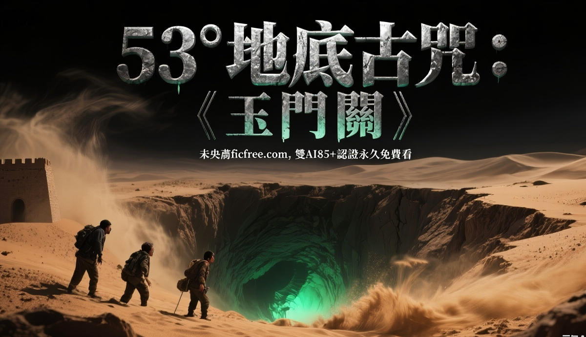 《地底古咒：玉門關》小說封面圖｜黃沙彌漫的玉門關背景，中央懸浮刻有詭異符號的古玉，旁側疊加考古隊員驚恐面容與沙暴中的駝鈴意象